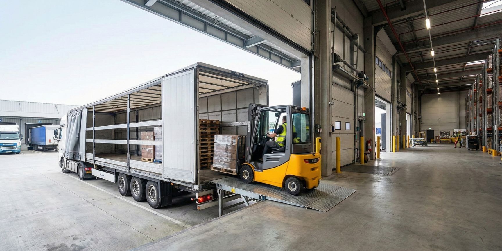 A forklift drives over a dock leveler to load pallets into a docked truck trailer at a busy logistics loading dock